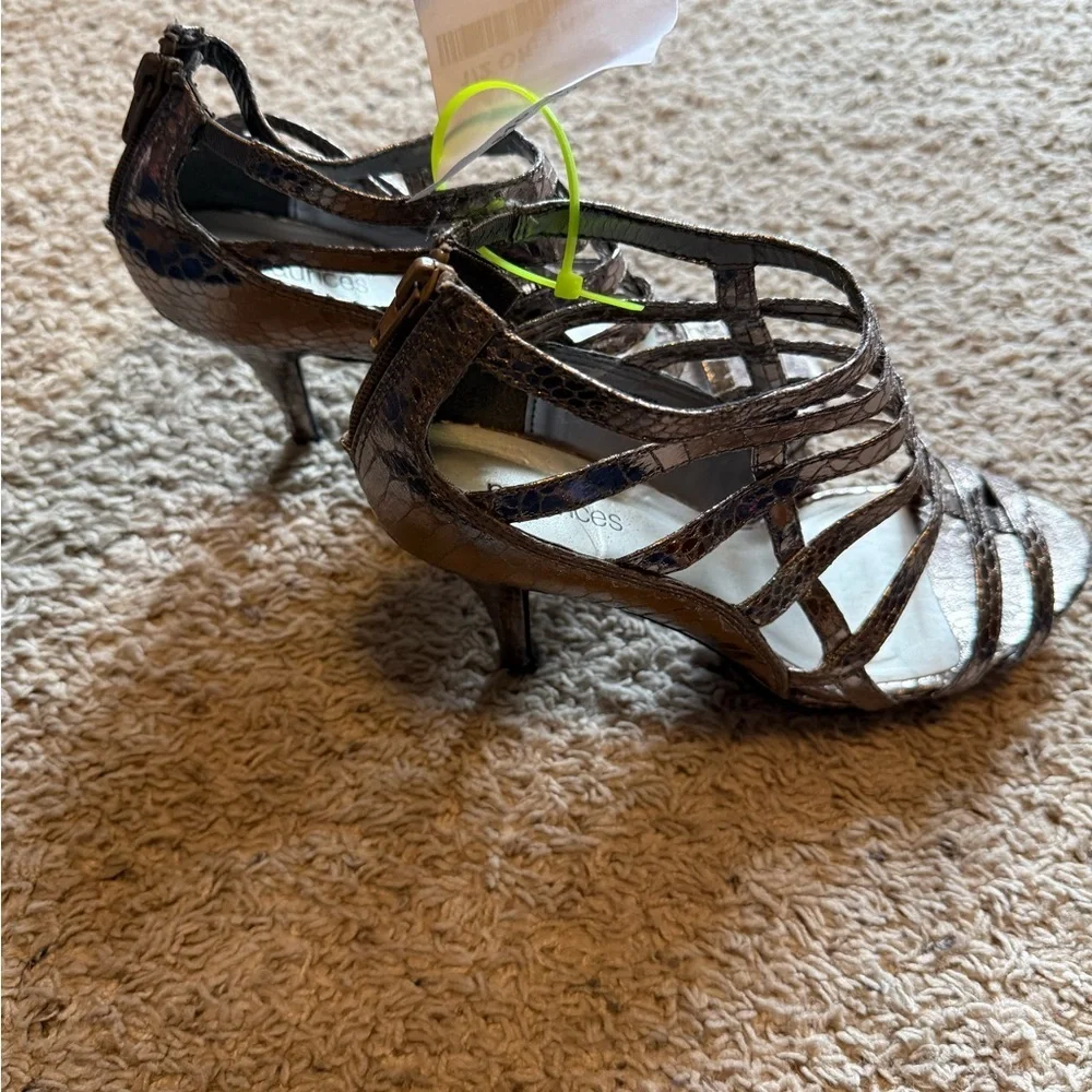 Maurices Metallic Snake-Print Strappy Heels in Bronze
